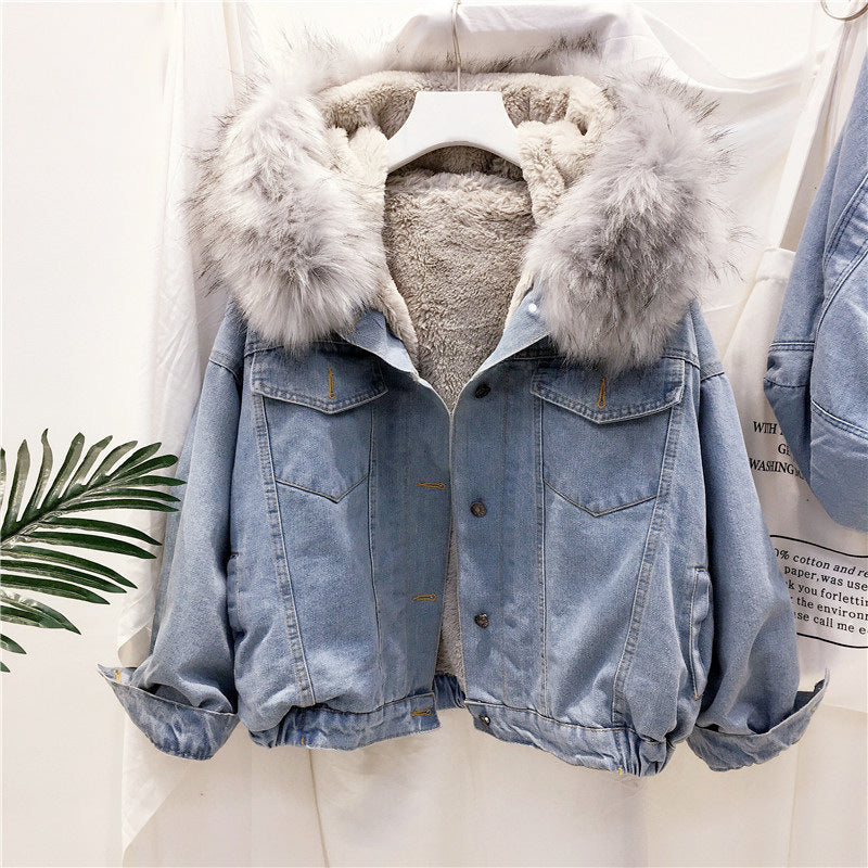 Amazon AliExpress International Station Winter New Loose Hooded Velvet Lambswool Denim Jacket Women's Cotton Clothes Fashion