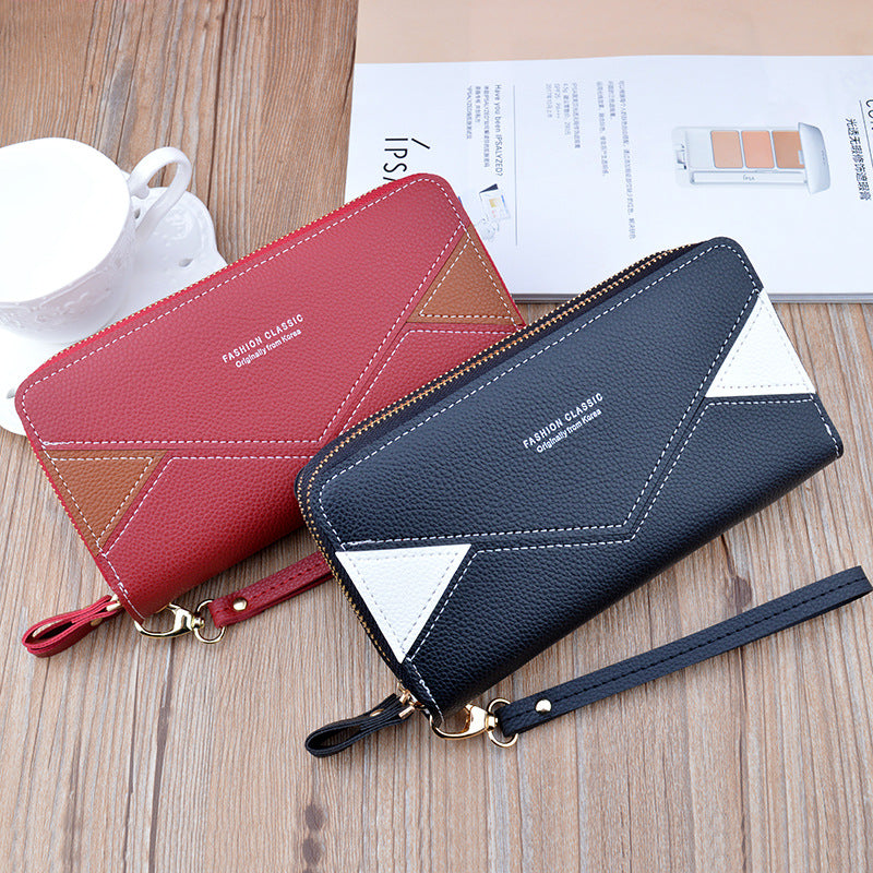 Double Zipper Wallet Women's Clutch Bag Long Fashionable Contrast Color Mother's Double Layer Wallet Large Capacity Litchi Pattern Wallet