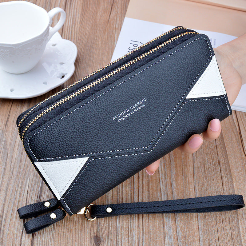 Double Zipper Wallet Women's Clutch Bag Long Fashionable Contrast Color Mother's Double Layer Wallet Large Capacity Litchi Pattern Wallet