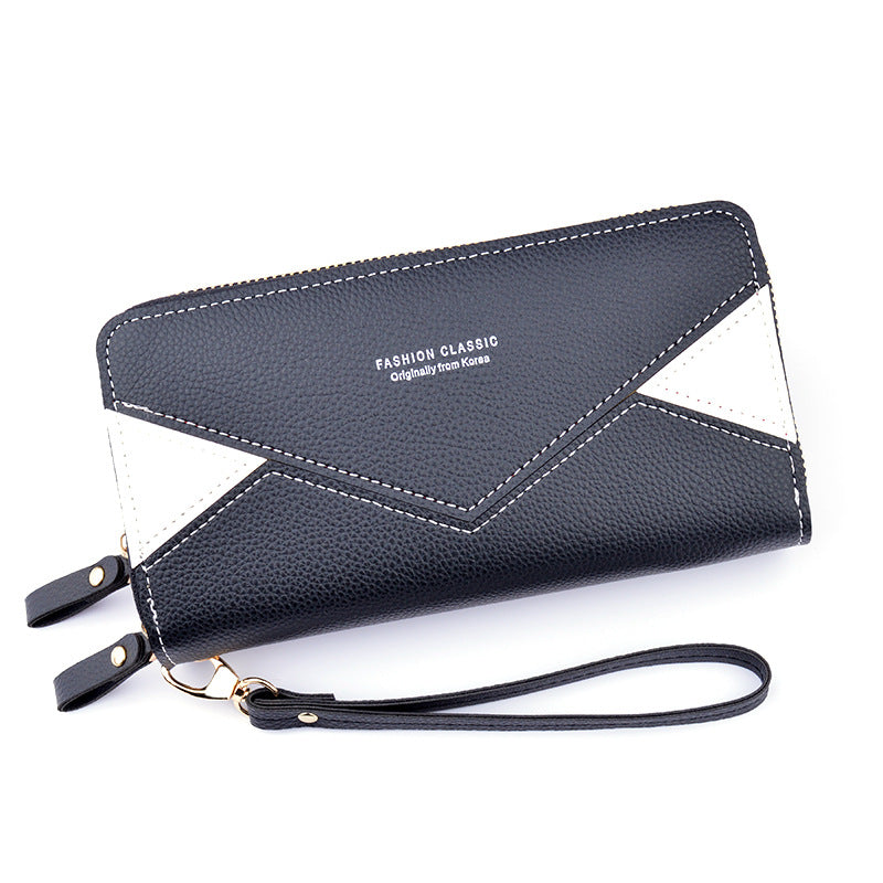 Double Zipper Wallet Women's Clutch Bag Long Fashionable Contrast Color Mother's Double Layer Wallet Large Capacity Litchi Pattern Wallet