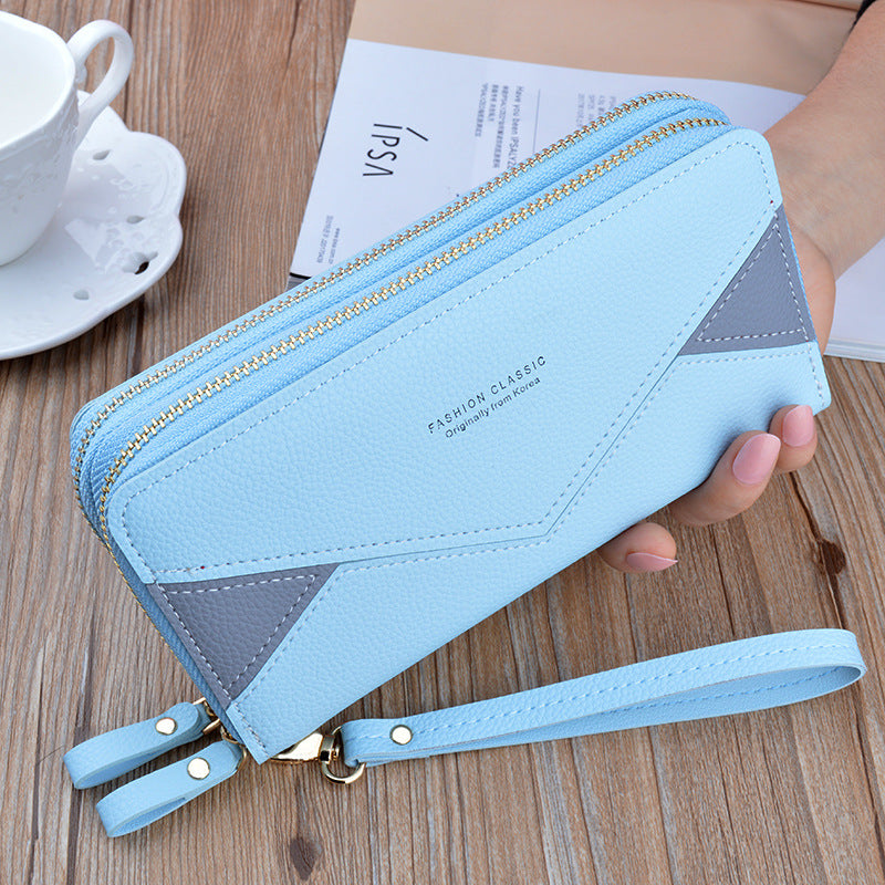 Double Zipper Wallet Women's Clutch Bag Long Fashionable Contrast Color Mother's Double Layer Wallet Large Capacity Litchi Pattern Wallet