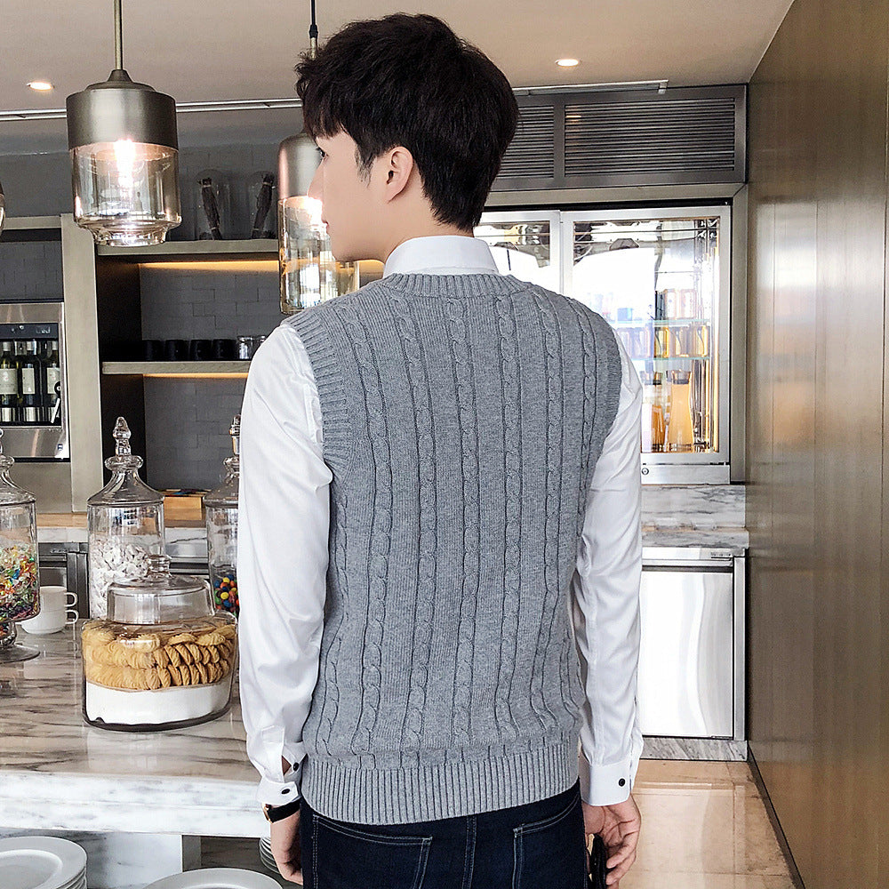 Winter Korean-style sleeveless sweater vest thickened waistcoat men's wool knitted vest men's V-neck wool vest