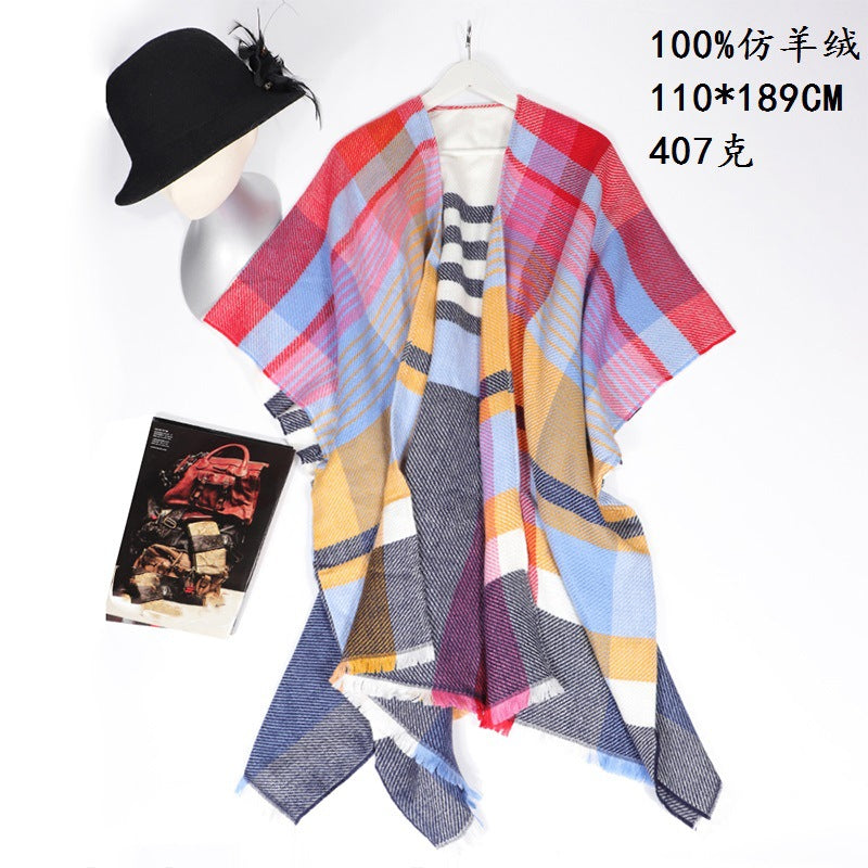Autumn and Winter New European and American Colorful Plaid Warm Thick Imitation Cashmere Cloak Shawl Summer Air-Conditioned Room Cloak Outer Wear