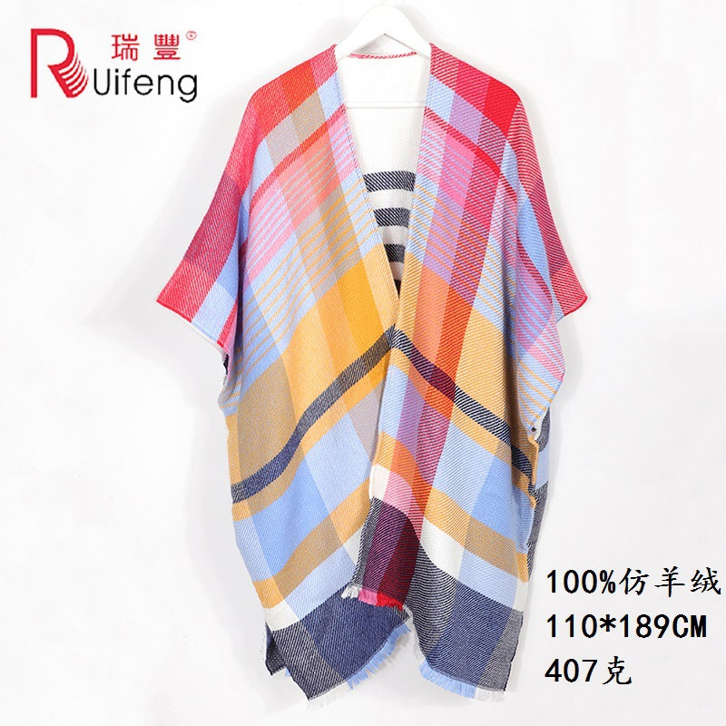 Autumn and Winter New European and American Colorful Plaid Warm Thick Imitation Cashmere Cloak Shawl Summer Air-Conditioned Room Cloak Outer Wear