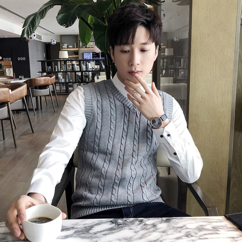 Winter Korean-style sleeveless sweater vest thickened waistcoat men's wool knitted vest men's V-neck wool vest
