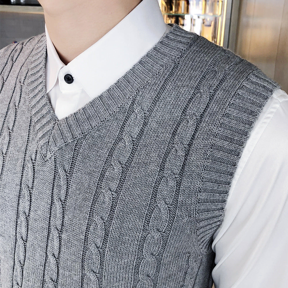 Winter Korean-style sleeveless sweater vest thickened waistcoat men's wool knitted vest men's V-neck wool vest