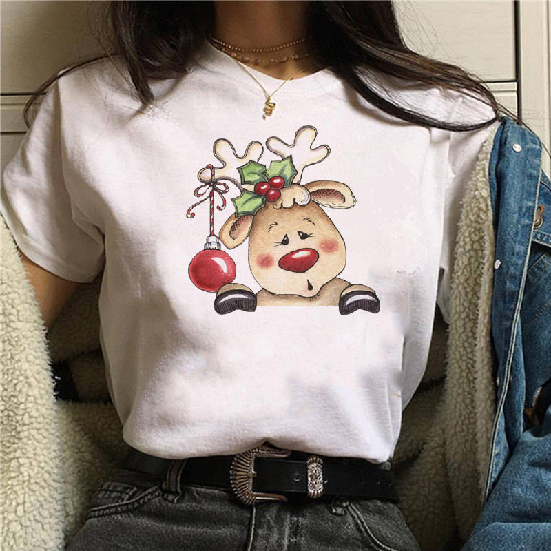 Short Sleeve Christmas T-shirt Christmas cute dog Christmas hat printed short sleeve top T-shirt