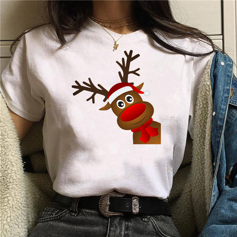 Short Sleeve Christmas T-shirt Christmas cute dog Christmas hat printed short sleeve top T-shirt