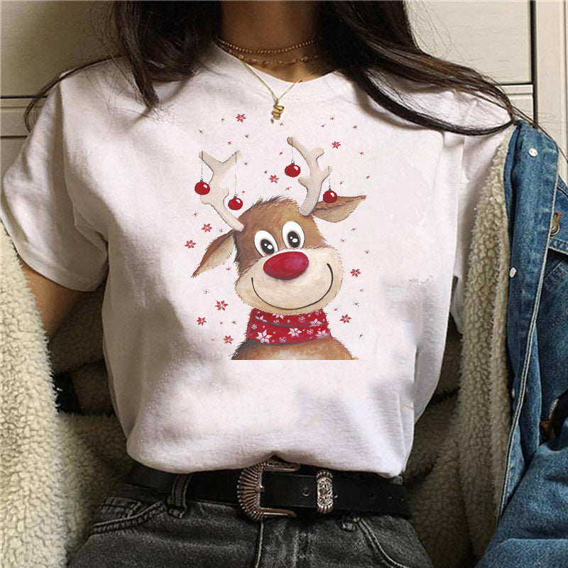 Short Sleeve Christmas T-shirt Christmas cute dog Christmas hat printed short sleeve top T-shirt
