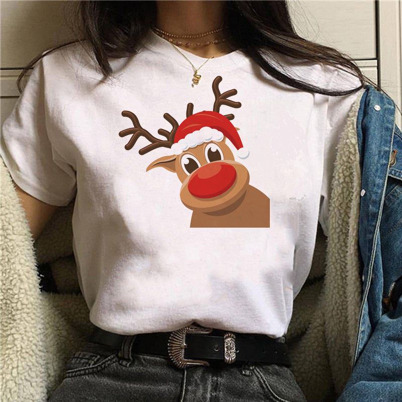 Short Sleeve Christmas T-shirt Christmas cute dog Christmas hat printed short sleeve top T-shirt