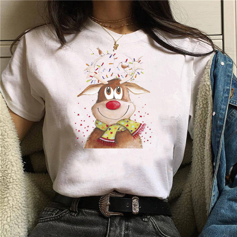 Short Sleeve Christmas T-shirt Christmas cute dog Christmas hat printed short sleeve top T-shirt