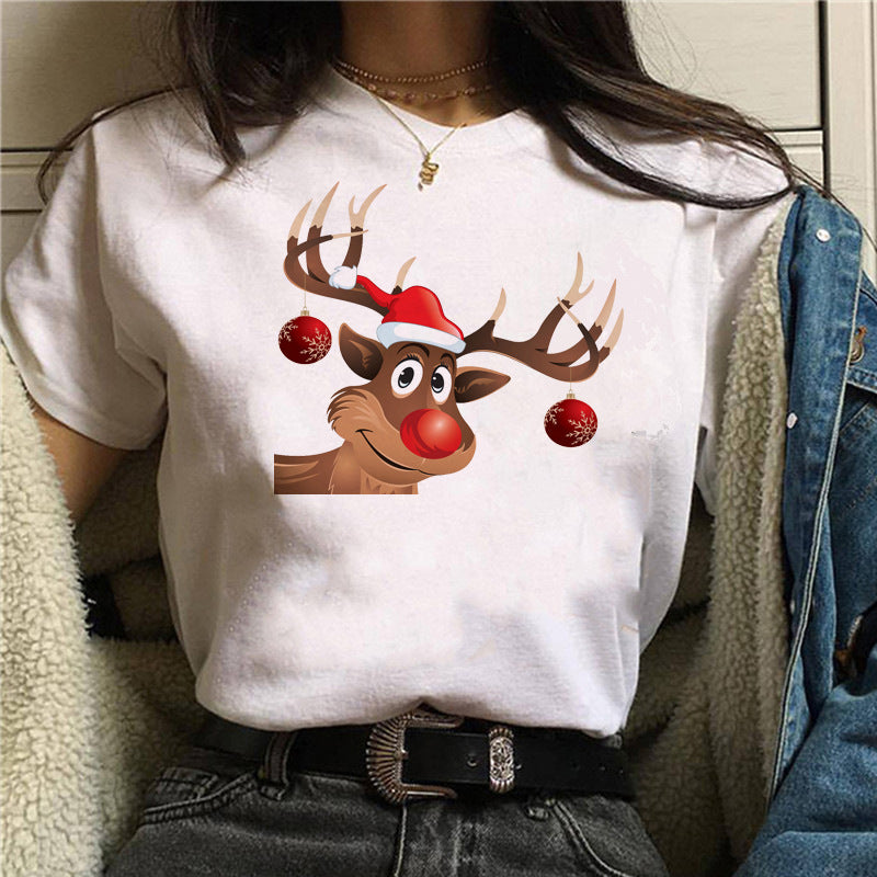 Short Sleeve Christmas T-shirt Christmas cute dog Christmas hat printed short sleeve top T-shirt