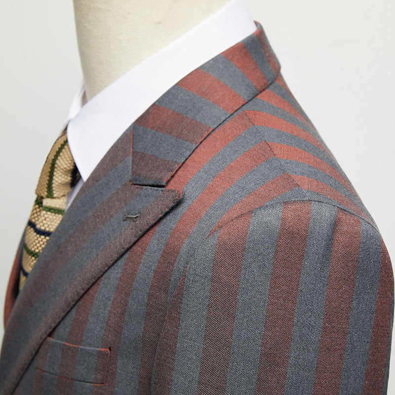 Autumn and Winter New Double-breasted Suit men's Korean-style Slim-fit Dark Red Striped Suit Two-piece men suits