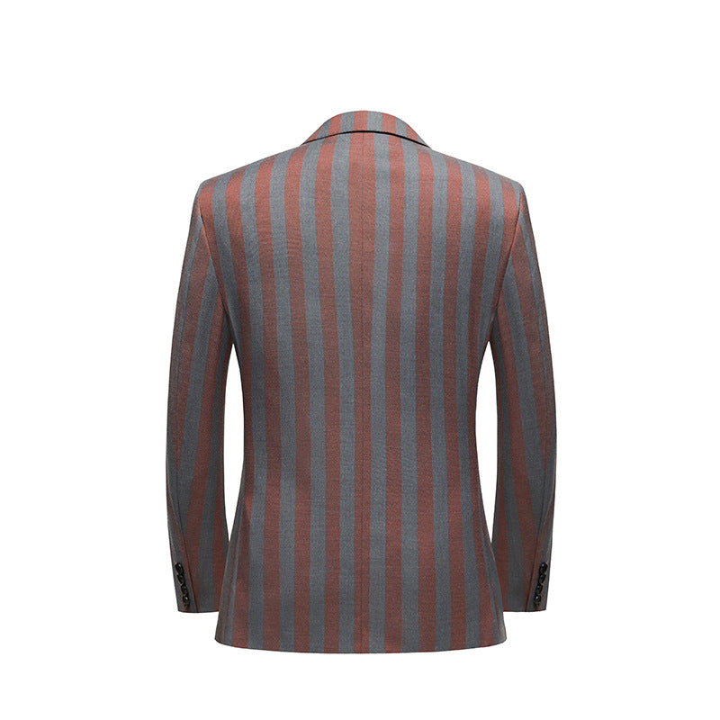 Autumn and Winter New Double-breasted Suit men's Korean-style Slim-fit Dark Red Striped Suit Two-piece men suits