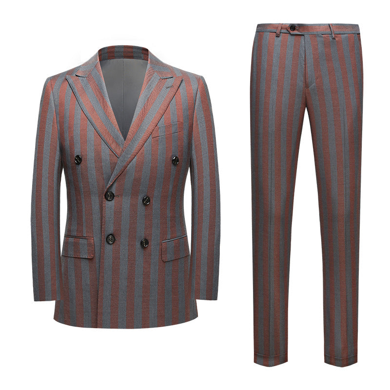 Autumn and Winter New Double-breasted Suit men's Korean-style Slim-fit Dark Red Striped Suit Two-piece men suits