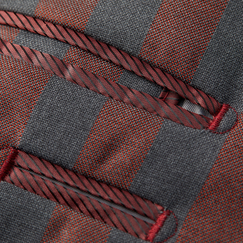 Autumn and Winter New Double-breasted Suit men's Korean-style Slim-fit Dark Red Striped Suit Two-piece men suits