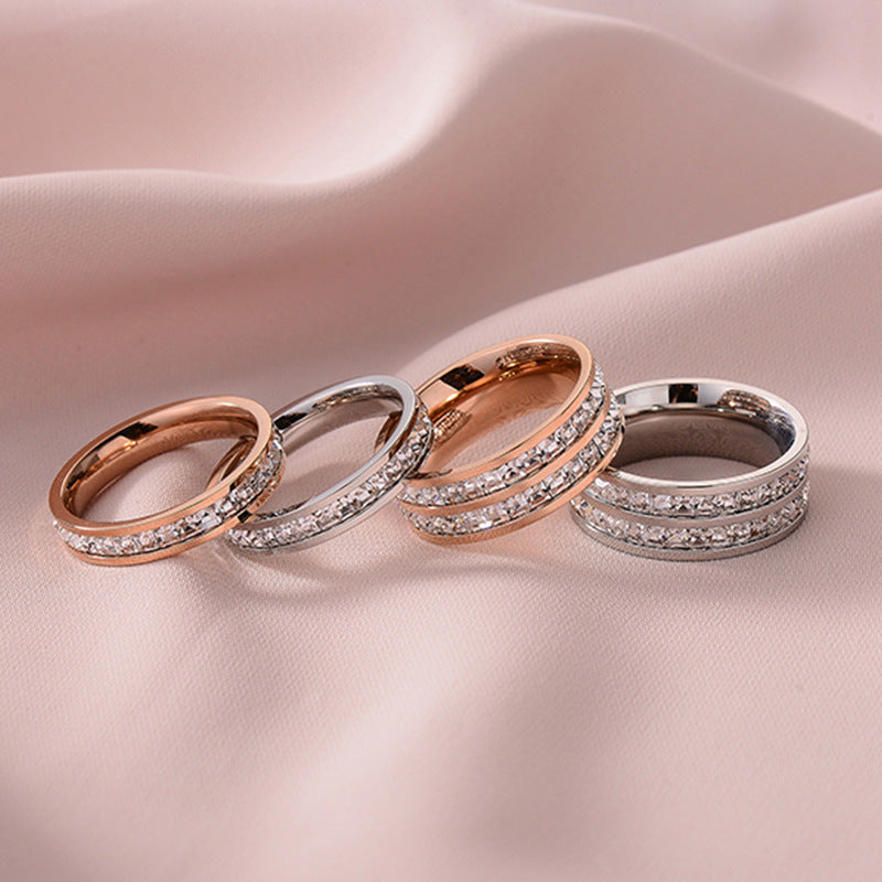 European and American Hot Titanium Steel Full Diamond Zircon Ring 18k Rose Gold Index Finger Couple Ring Ins Simple Trendy Jewelry for Women