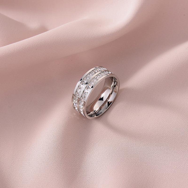 European and American Hot Titanium Steel Full Diamond Zircon Ring 18k Rose Gold Index Finger Couple Ring Ins Simple Trendy Jewelry for Women