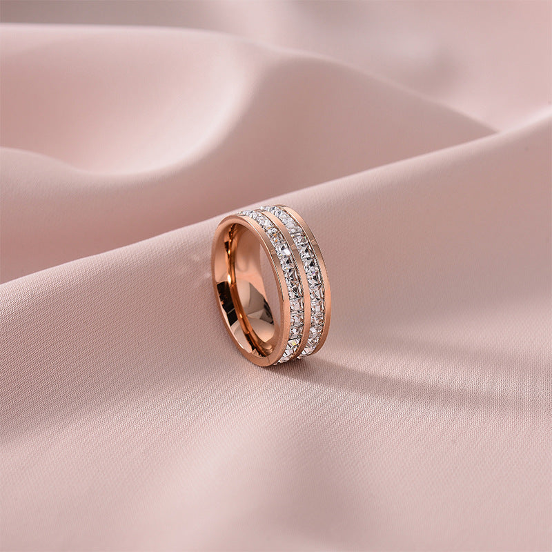 European and American Hot Titanium Steel Full Diamond Zircon Ring 18k Rose Gold Index Finger Couple Ring Ins Simple Trendy Jewelry for Women