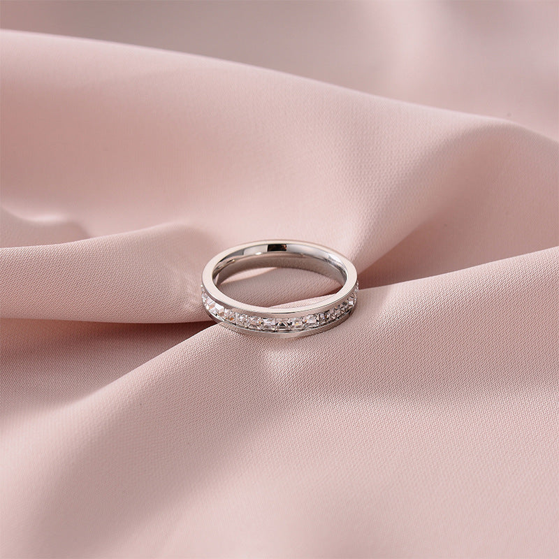 European and American Hot Titanium Steel Full Diamond Zircon Ring 18k Rose Gold Index Finger Couple Ring Ins Simple Trendy Jewelry for Women