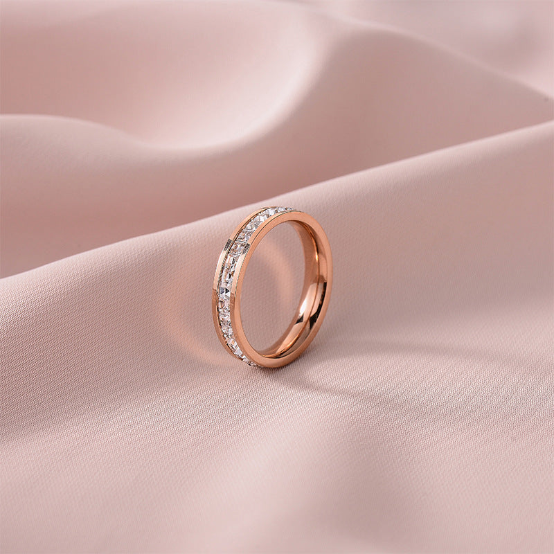 European and American Hot Titanium Steel Full Diamond Zircon Ring 18k Rose Gold Index Finger Couple Ring Ins Simple Trendy Jewelry for Women