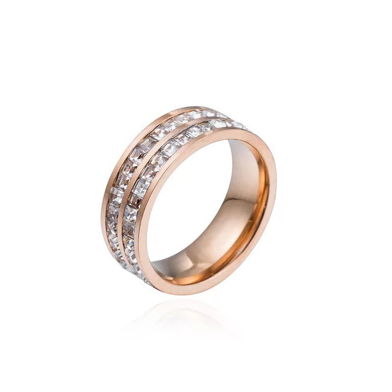 European and American Hot Titanium Steel Full Diamond Zircon Ring 18k Rose Gold Index Finger Couple Ring Ins Simple Trendy Jewelry for Women