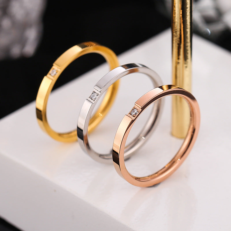 European and American Hot Titanium Steel Full Diamond Zircon Ring 18k Rose Gold Index Finger Couple Ring Ins Simple Trendy Jewelry for Women