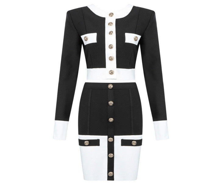 Cross-border 2020 Europe and the United States new temperament black and white color matching breasted cardigan A- line skirt suit factory wholesale 4 colors