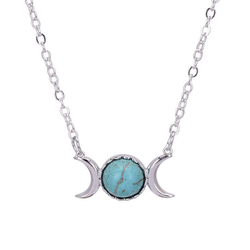 Turquoise Necklace European and American Tiger Eye Stone Choker Stainless Steel Accessories Moon Pendant Women's Non-Fading Gold Clavicle Chain
