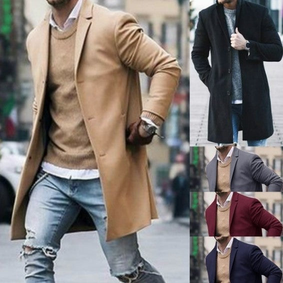 Foreign trade explosions AliExpress wish2019 winter new solid color simple men's long woolen coat men's
