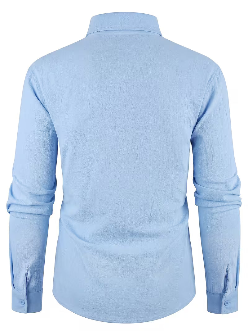 Men's plain long-sleeved linen shirt