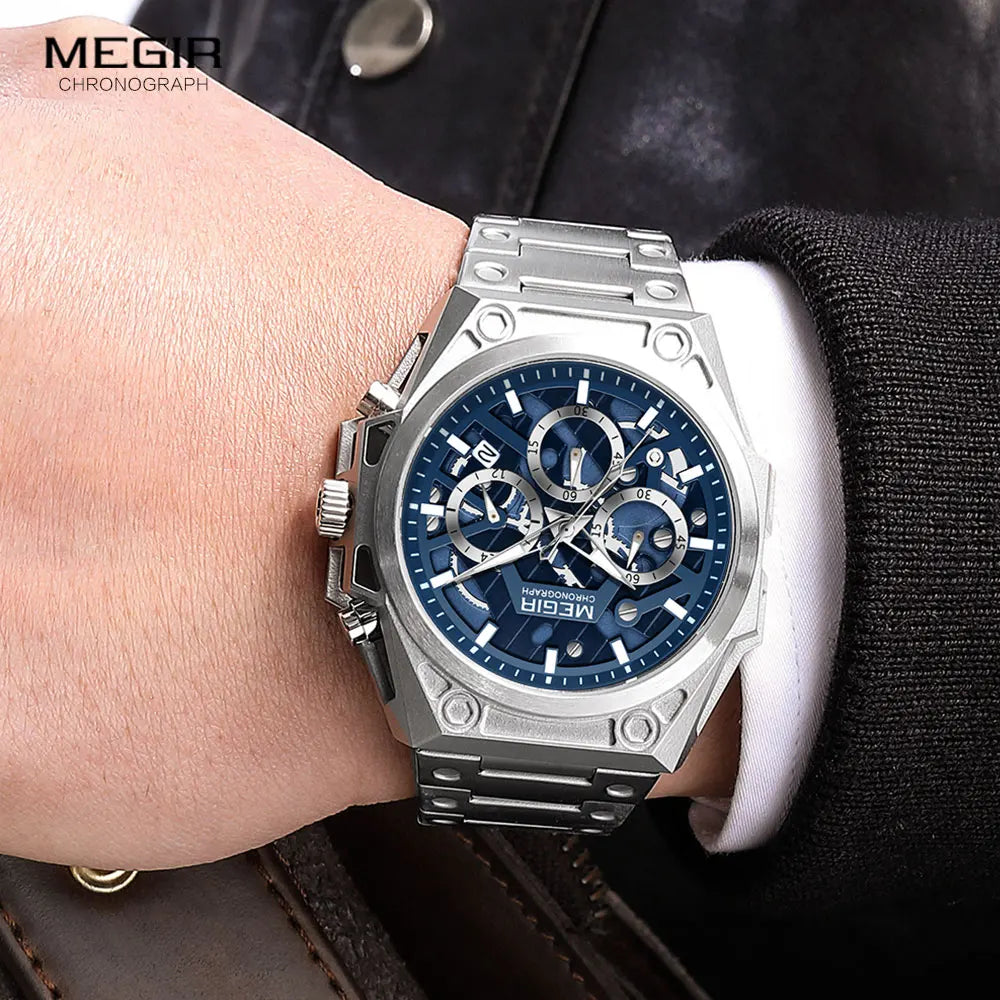 MEGIR Blue Watch Men Stainless Steel Dress Wrist Watch Man Waterproof Chronograph Quartz Watches Relogio Masculino часы мужские