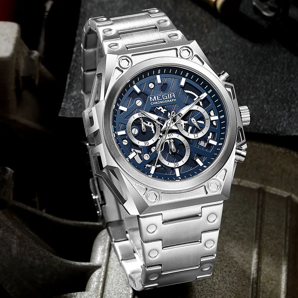 MEGIR Blue Watch Men Stainless Steel Dress Wrist Watch Man Waterproof Chronograph Quartz Watches Relogio Masculino часы мужские