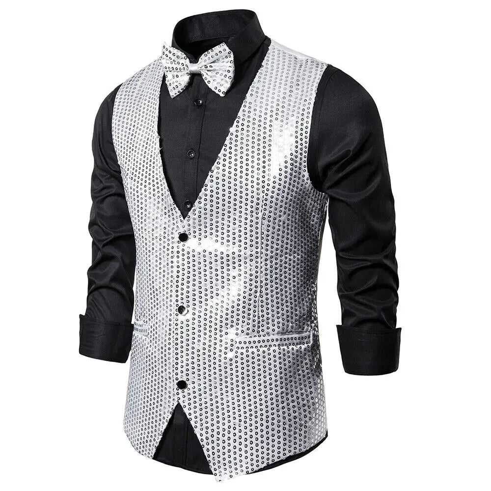 New Design Men Sequins Pattern Glitter Embellished V-neck Blazer Vest Male Evening Party Suits Plus Size hot