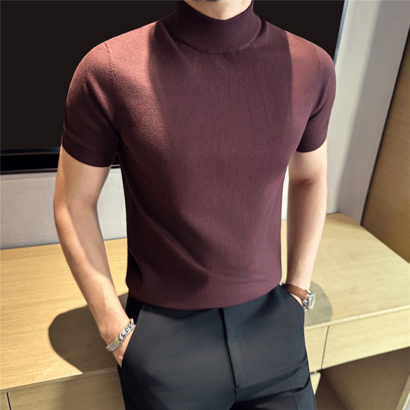 Tiktok Taobao Dropshipping Men's Short-Sleeve Knitwear, Fashionable Versatile Half-Turtleneck Slim-Fit Half-Sleeve Sweater Base Shirt