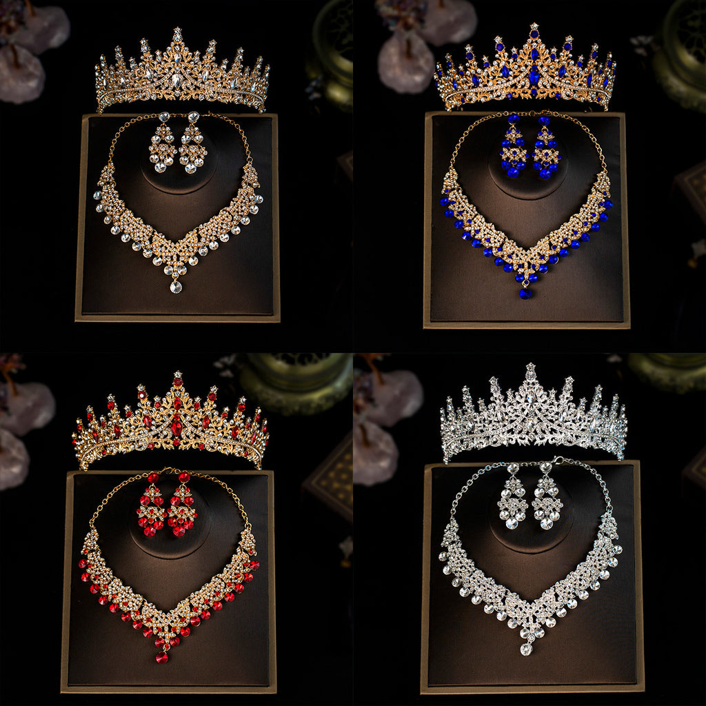 European and American Bride Jewelry Three-piece Suit High-class Dance Wedding Jewelry Alloy Diamond Crown Necklace Earrings suit