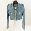 In Stock 2026 European and American Celebrity Style New Round-Neck Lion Buckle Ultra-Short Washed Denim Jacket