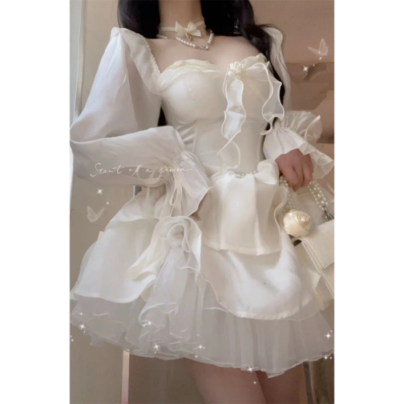 2026 Autumn Korean-Style Girl Group Dress with a Stylish Square Neckline, Waist-Cinching Design, Slimming Effect, Flared Sleeves, and Puffy Gown Dress