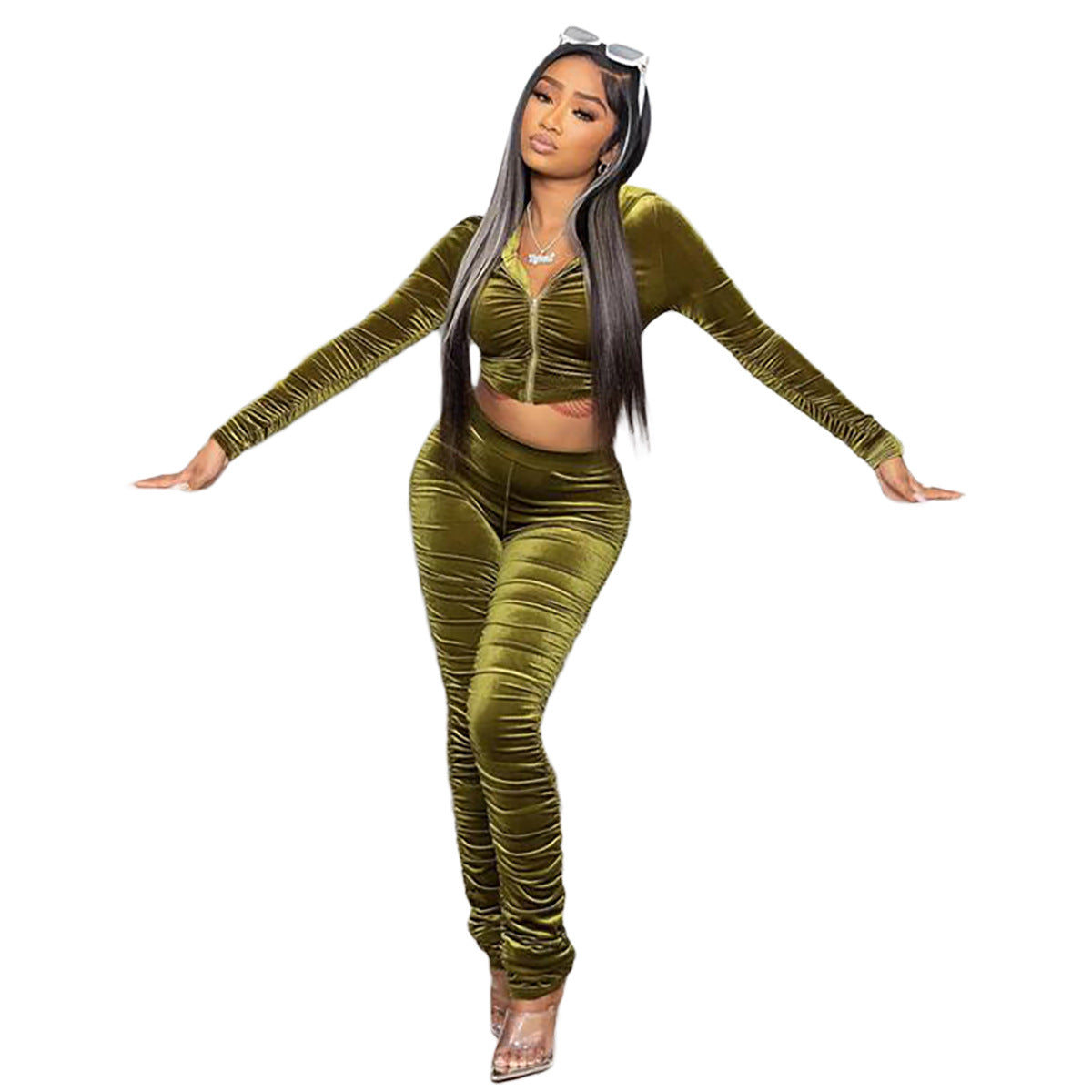 F185 European and American Women's Clothing Amazon Spring Two-piece Korean Velvet Solid Color Long Sleeve Navel Pleated Sports Suit