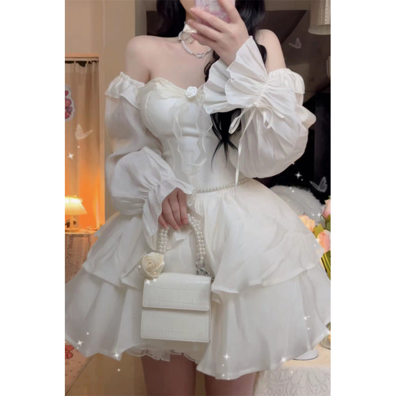 2026 Autumn Korean-Style Girl Group Dress with a Stylish Square Neckline, Waist-Cinching Design, Slimming Effect, Flared Sleeves, and Puffy Gown Dress