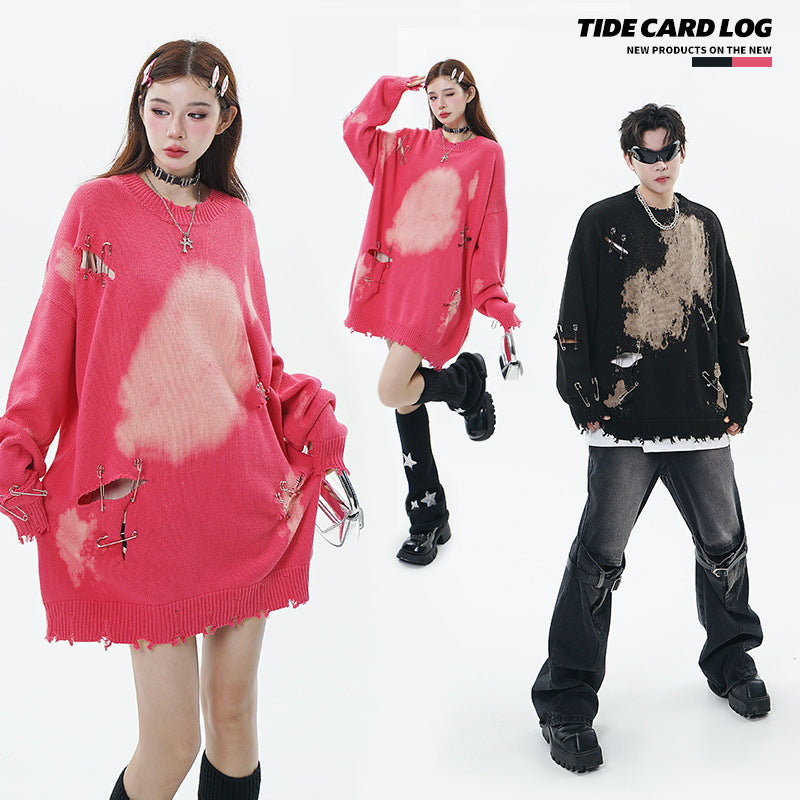 TIDE CARD LOG | Autumn and winter high street fashionable design faded pin ripped couple round neck loose sweater