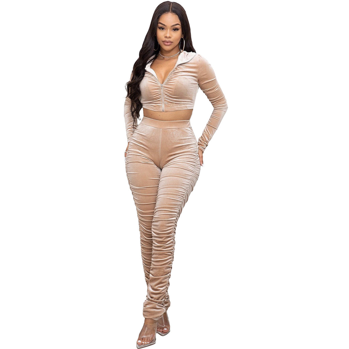 F185 European and American Women's Clothing Amazon Spring Two-piece Korean Velvet Solid Color Long Sleeve Navel Pleated Sports Suit