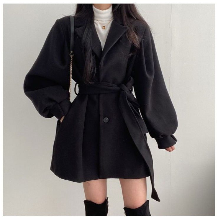 New Korean Style Autumn and Winter Wear Strap Elegant Small Women's Dress Collar Hepburn Style Mid-length Woolen Women's Coat Jacket