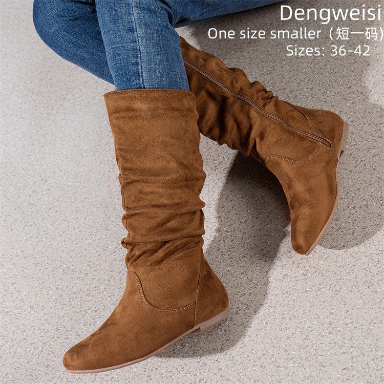 Free Shipping Cross-Border Pleated Fashion Boots with Inner Zipper, Flat Comfortable Women's Boots, Versatile European and American Style Flat Mid-Calf Boots