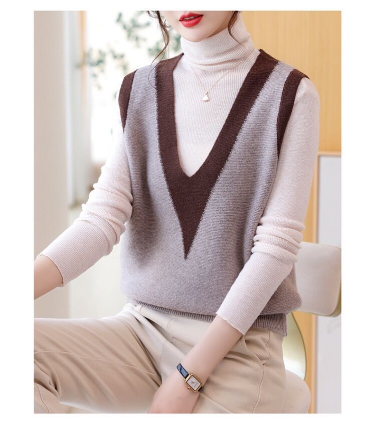 Woolen sweater knitted vest for women 2023 Autumn New sleeveless stacked color matching V-neck wool warm vest waistcoat