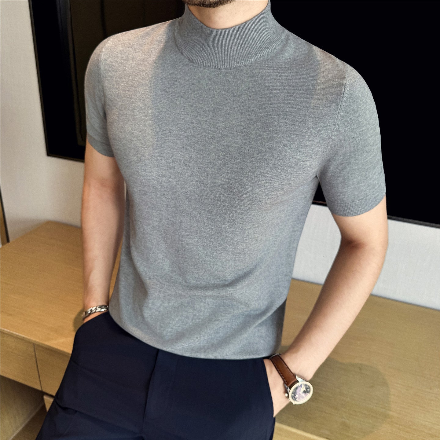 Tiktok Taobao Dropshipping Men's Short-Sleeve Knitwear, Fashionable Versatile Half-Turtleneck Slim-Fit Half-Sleeve Sweater Base Shirt