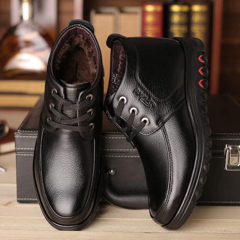 Winter cotton shoes men's leather fleece-lined thick warm high-top non-slip soft bottom middle-aged and elderly cotton shoes dad shoes
