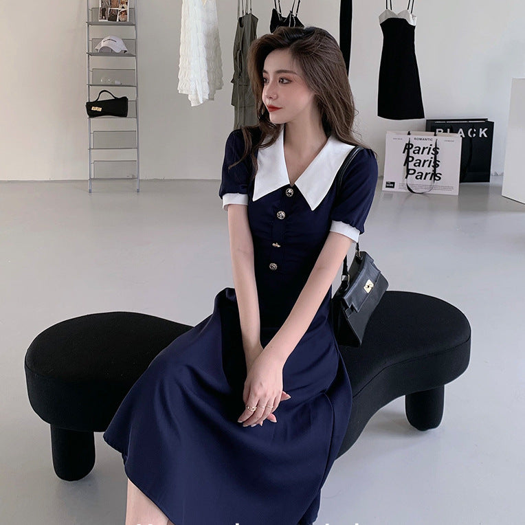 2026 Summer New Style French Color-Blocking Elegant Slim-Fit Dress with a Vintage Hepburn Style