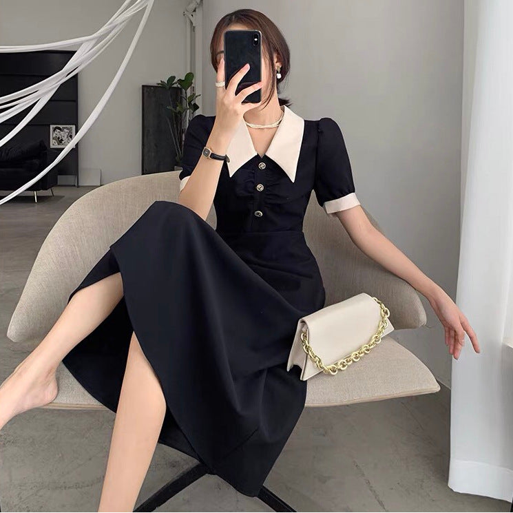 2026 Summer New Style French Color-Blocking Elegant Slim-Fit Dress with a Vintage Hepburn Style