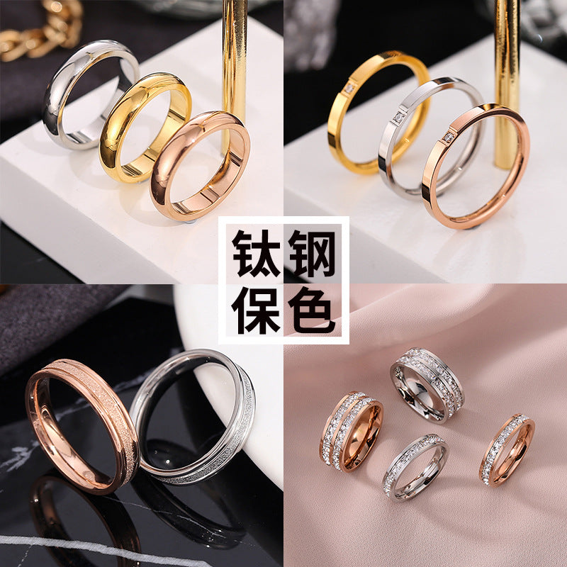 European and American Hot Titanium Steel Full Diamond Zircon Ring 18k Rose Gold Index Finger Couple Ring Ins Simple Trendy Jewelry for Women